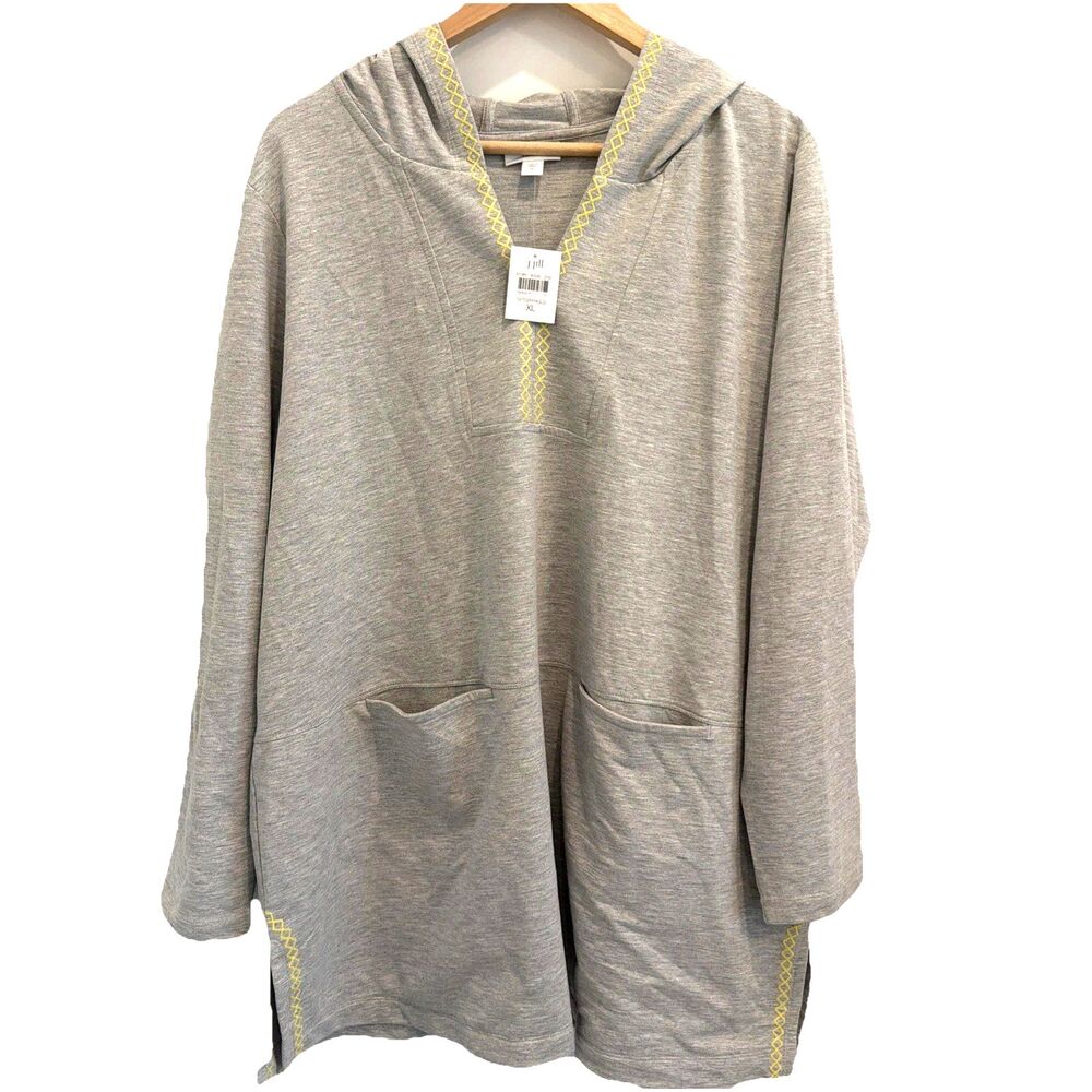NWT J. Jill Fit Embroidered Hooded Tunic Knit Hoodie Pullover Womens XL Gray